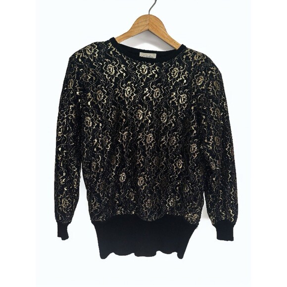 Destinee Womens S 70s Lambswool Sweater Black Gold Metallic Floral Lace Vintage - Picture 4 of 16